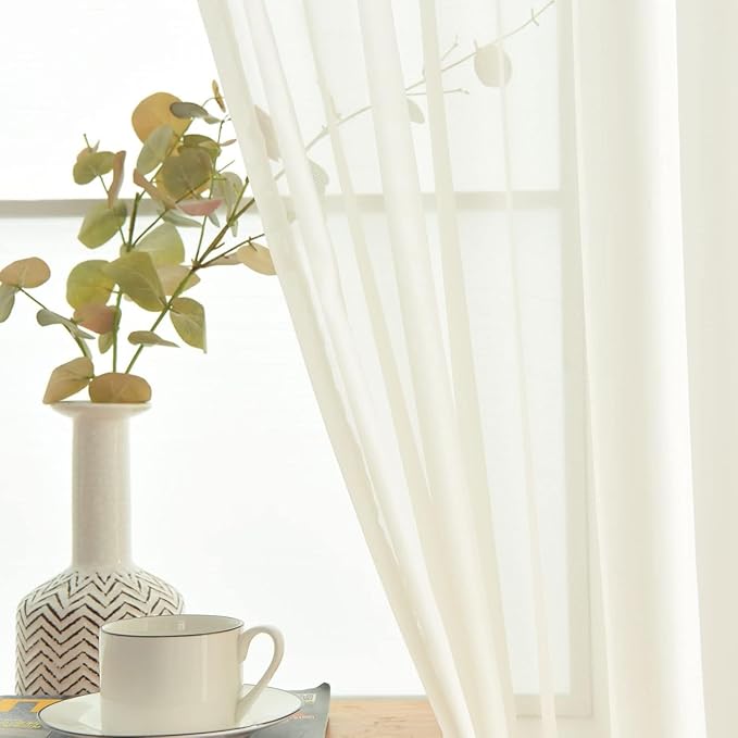SpaceDresser Ivory Sheer Curtains 4 Panels Rod Pocket Semi-Sheer Curtain 45 Inches Long Light Filtering Voile Window Drapes for Bedroom Living Room Kitchen, Each 52W x 45L
