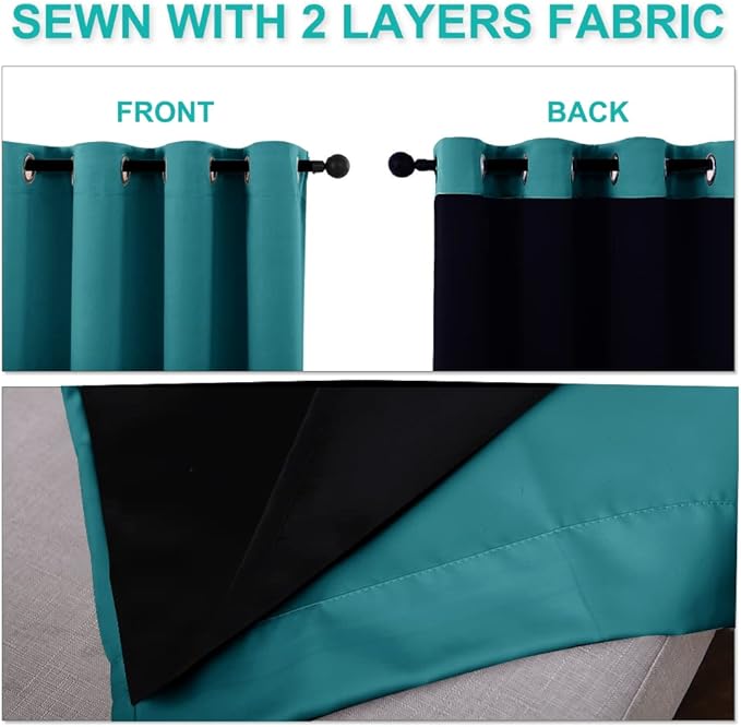 NICETOWN Peacock Teal 100% Blackout Lined Curtains, 2 Thick Layers Completely Blackout Window Treatment Thermal Insulated Drapes for Kitchen/Bedroom (1 Pair, 62" Width x 63" Length Each Panel)