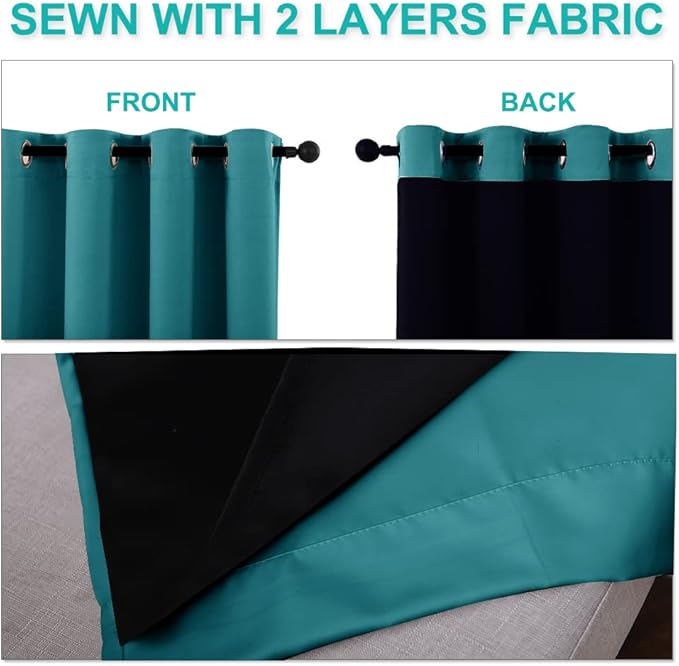 NICETOWN Peacock Teal 100% Blackout Lined Curtains, 2 Thick Layers Completely Blackout Window Treatment Panels Thermal Insulated Drapes for Kitchen (1 Pair, 42" Width x 63" Length Each Panel)