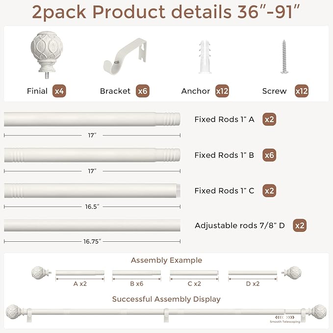 2 Pack Antique White Curtain Rods for Windows 48 to 84 Inch, Adjustable Vintage Decorative 1 Inch Heavy Duty Curtain Rod, Rustic Farmhouse Drapery Pole with Boho Netted Texture Flower Finials
