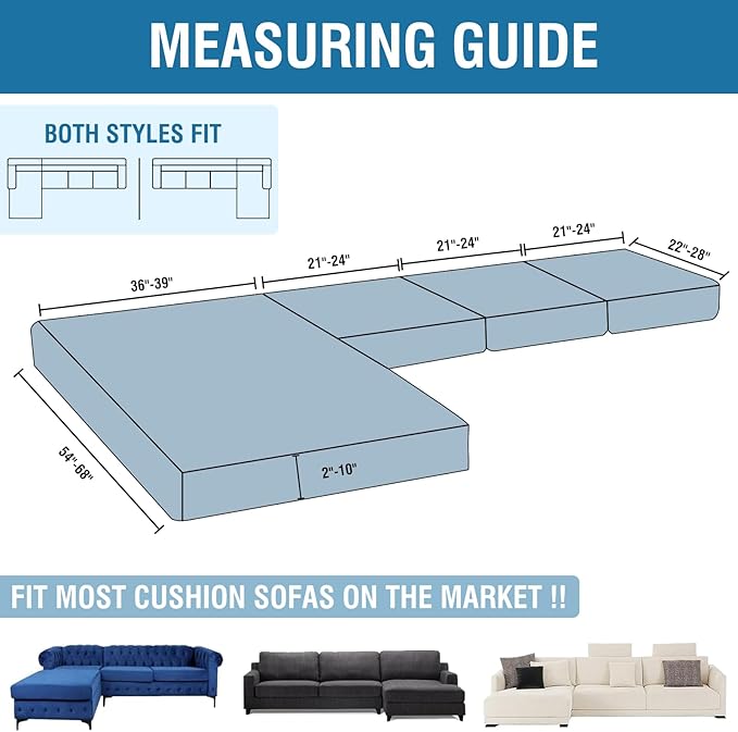 Couch Cover 8-Piece Elastic Velvet Couch Cushion Covers & Chaise Slipcovers for L-Shaped Sofas, Sofa Seat Covers Washable, Soft Cover for Couches (7 Seater + Chaise, Berlin Blue)