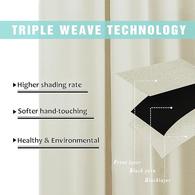 NICETOWN Living Room Completely Shaded Draperies, Privacy Protection & Noise Reducing Ring Top Drapes, Black Lined Insulated Window Treatment Curtain Panels (Beige, 2 Pieces, W62 x L95)