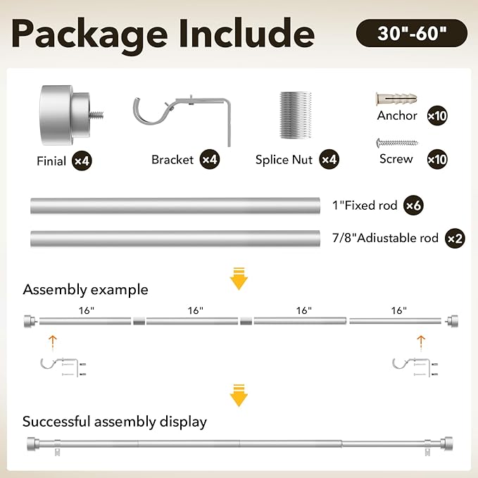 IFELS Heavy Duty Curtain Rods for Windows 28 to 48 Inch, 1 Inch Silver Curtain Rods Set of 2 Pack for Outdoor Patio, Farmhouse, Bedroom, Kitchen, Adjustable Easy Install Drapery Rod(Silver,30-60-2p)