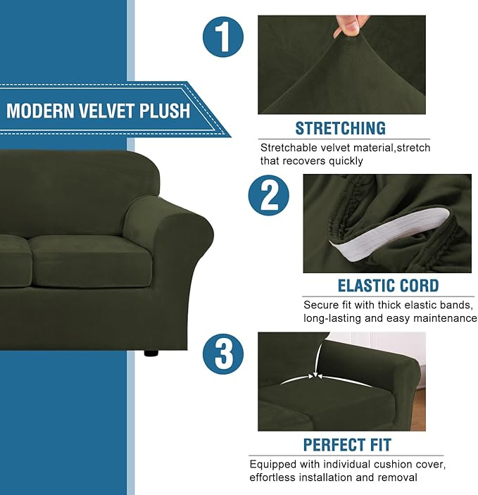 H.VERSAILTEX High Stretch Sofa Slipcover 4 Piece Cover Velvet Furniture Protector Form Fit Thick Velvet Extra Large Sofa Cover for 3 Cushion Couch Width Up to 97 Inch (Large Sofa, Olive)