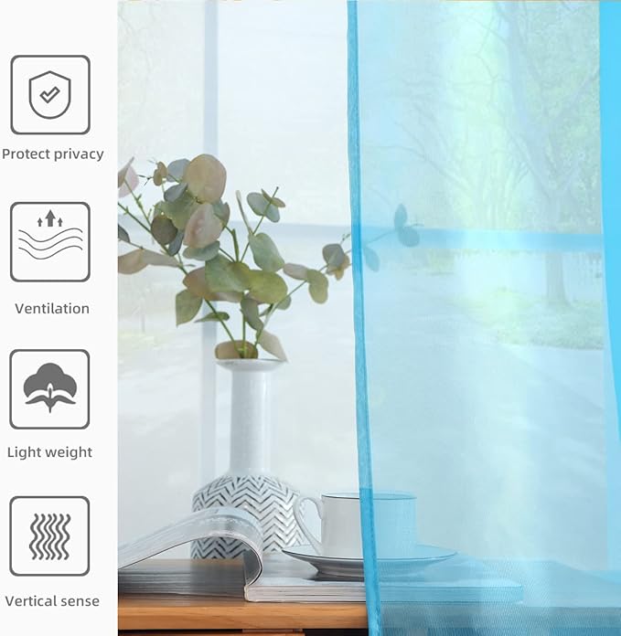 youleyar Solid Sheer Rod Pocket Curtain Voile Draperies 2 Panels White Beige Black Grey Coffee 52 Inch Width 54 Inch Long 1 Pair for Kitchen Bedroom Children Living Room Yard (Cyan Blue,52Wｘ54L)
