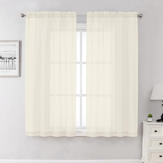 Lecloud Cream Sheer Curtains 63 Inch Length 2 Panels Set, Elegant Voile Window Curtains for Bedroom Living Room, Airy Sheer Drapes for Dinning Room with Rod Pocket, Each Panel 42 X 63 Inch