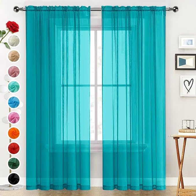SpaceDresser Sheer Voile Window Treatment Rod Pocket Curtain Panels for Kitchen Bedroom Living Room Drapes Sunlight Filtering Privacy Semi Home Decor Assorted (Peacock Blue, 52 W x 54 L)