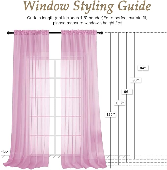 OVZME Light Pink Sheer Curtains 84 Inches Long 2 Panels Set, Light Filtering Sheer Curtains for Living Room Bedroom 59 Inch Extra Wide, Modern Voile Filmy Rod Pocket Window Drapes, 59Wx84L Inches