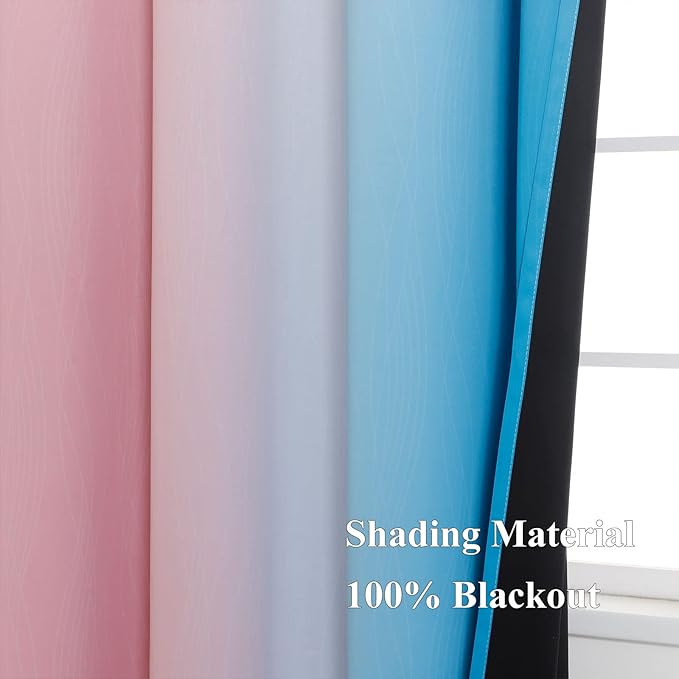 Ombre Pink and Blue Blackout Curtains 45 Inches Long, Full Light Blocking Curtains for Bedroom, Wavy Line Pattern Grommet Thermal Insulated Gradient Drapes for Living Room,42x45 Inch, 2 Panels