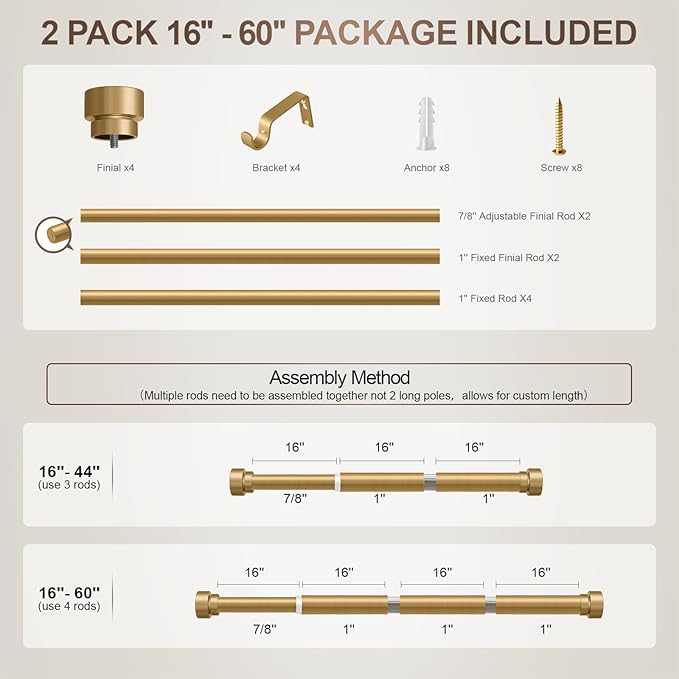 Lootkell 2 Pack Modern Gold Curtain Rods Set for Windows 28 to 48 Inches Adjustable Length Heavy Duty 1" Diameter Window Curtain Rod with Decorative Finials for Outdoor Bedroom Kitchen Living Room
