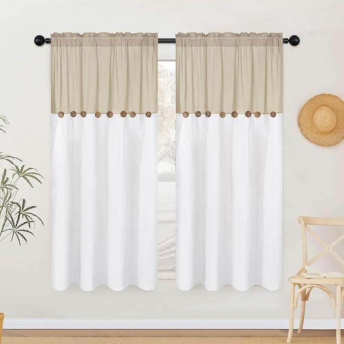 FRAMICS Farmhouse Cotton Linen Curtains for Living Room, Boho Button Curtains 63 inch Length, Rustic Country Linen Window Curtains for Bedroom, Rod Pocket Drapes, 52 x 63 Inch, Linen and White