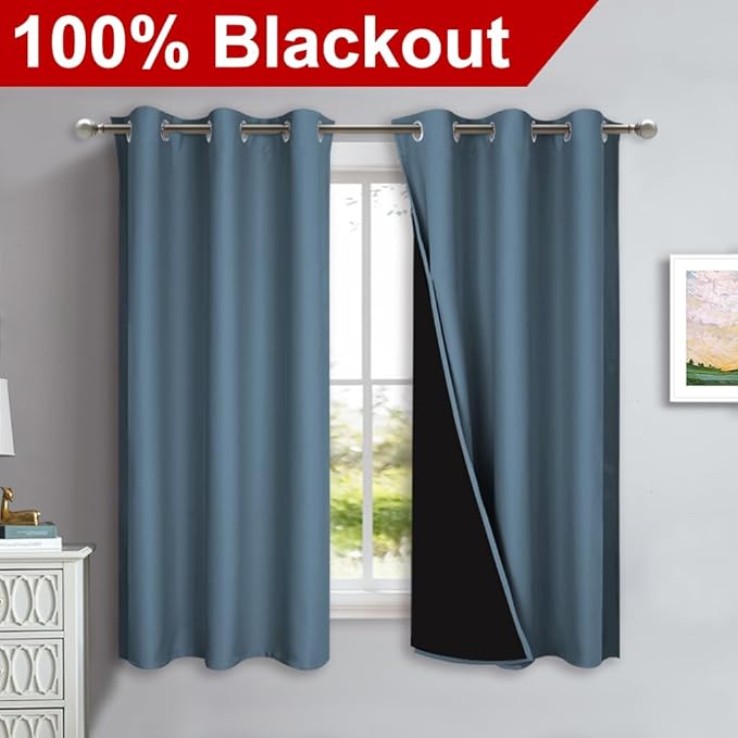 NICETOWN 100% Blackout Short Curtains with Black Liners, 2 Panels, 37" W by 63" L, Smoky Blue, Solid Thermal Insulated Full Blackout 2-Layer Lined Drapes, Energy Efficiency Window Drapes for Bedroom