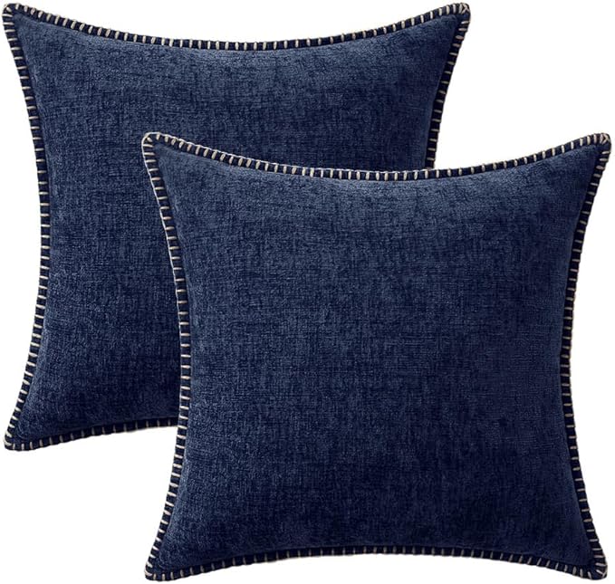 MIULEE Pack of 2 Couch Throw Pillow Covers 16x16 Inch Navy Blue Farmhouse Decorative Pillow Covers with Stitched Edge Soft Chenille Solid Dyed Spring Pillow Covers for Sofa Bed Living Room