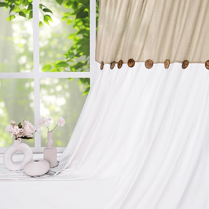 FRAMICS Farmhouse Cotton Linen Curtains for Living Room, Boho Button Curtains 63 inch Length, Rustic Country Linen Window Curtains for Bedroom, Rod Pocket Drapes, 52 x 63 Inch, Linen and White