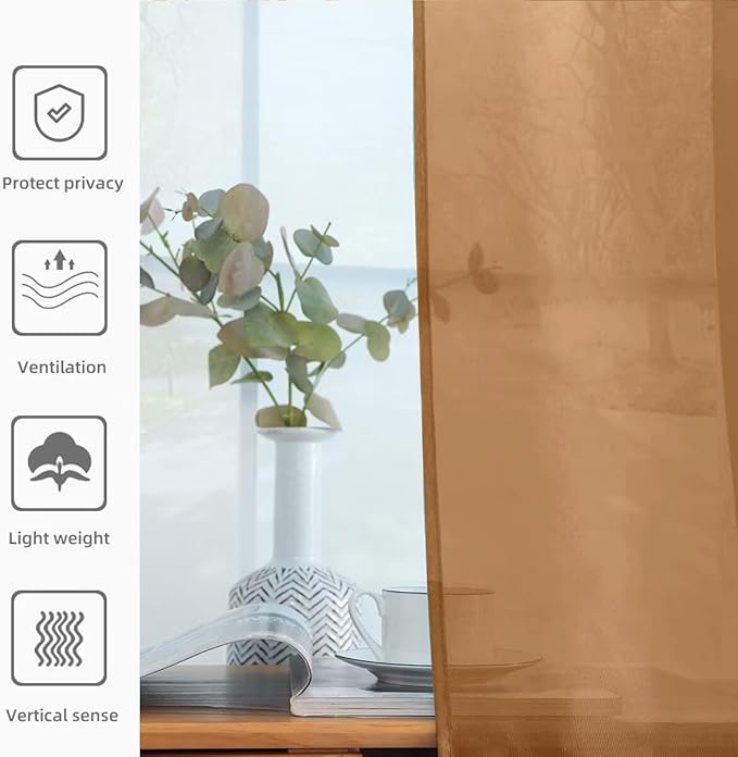 youleyar Solid Sheer Rod Pocket Curtain Voile Draperies 2 Panels White Beige Black Grey Ivory 52 Inch Width 84 Inch Long 1 Pair for Kitchen Bedroom Children Living Room Yard (Light Brown,52Wｘ84L)