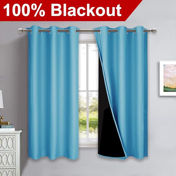 NICETOWN 100% Blackout Short Curtains with Black Liners, 2 Panels, 37" W by 60" L, Teal Blue, Solid Thermal Insulated Full Blackout 2-Layer Lined Drapes, Energy Efficiency Window Draperies for Bedroom