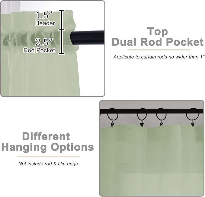 Light Green Valances for Windows, Light Green Sheer Curtains 14 Inch Length 2 Pack Kitchen Drapes, Modern Solid Mini Small Window Curtains for Cafe Bathroom Basement, 42" Wx14 L Inches