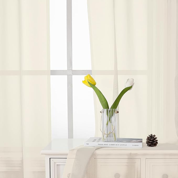 Lecloud Cream Sheer Curtains 48 Inch Length 2 Pcs, Rod Pocket Light Filtering Voile Rustic Farmhouse Bedroom Curtains, Airy Solid Window Drapes for Bathroom Basement, Each Panel 42" W x 48" L