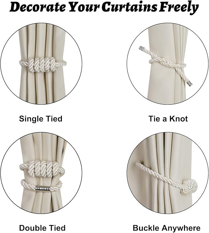 BEL AVENIR Magnetic Curtain Tiebacks, Decorative Drapery Holdbacks Modern Woven Tie-Backs with Exquisite Knot (Beige, 6 Pack)