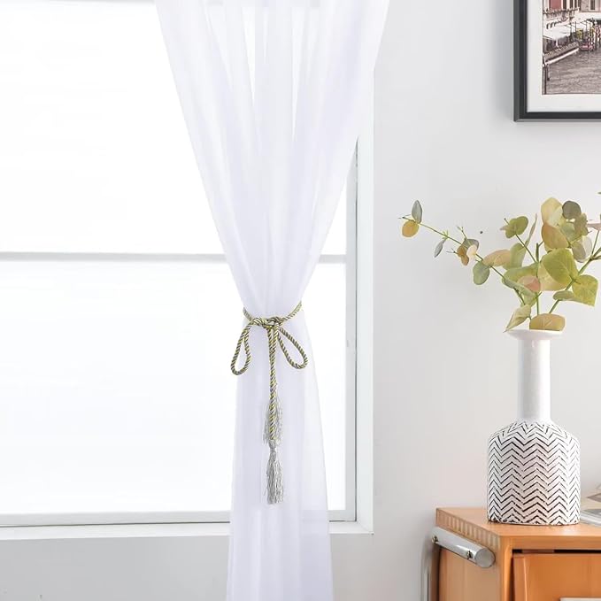 SpaceDresser Optical White Sheer Curtains 4 Panels Rod Pocket Semi-Sheer Curtain 90 Inches Long Light Filtering Voile Window Drapes for Bedroom Living Room Kitchen, Each 52W x 90L
