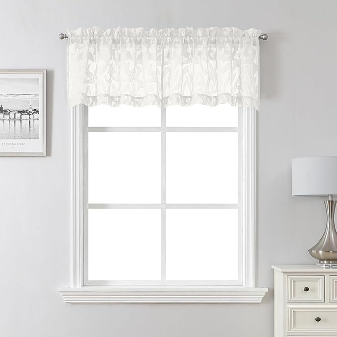 Lecloud Leia Ivory Sheer Valances for Windows 16 Inch Length 2 Pcs, Jacquard Leaf Textured Dual Rod Pocket Cafe Curtains, Kitchen Curtains Drapes for Cafe Bathroom RV, Each Panel 28" W x 16" L