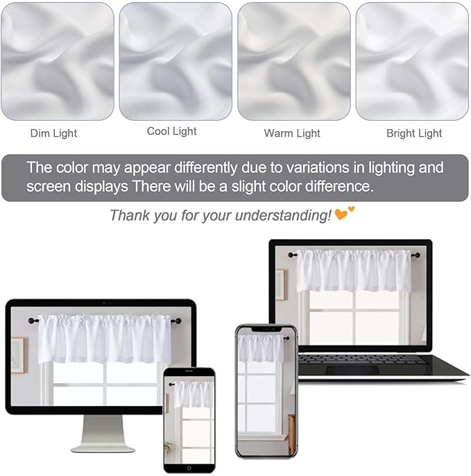 Chyhomenyc White Valances for Window, Light Filtering Short Curtains for Kitchen Bedroom Living Room, Rod Pocket Top Small Window Treatment Valance RV Bunk Panels, 60" Wx14 L, 2 Pieces