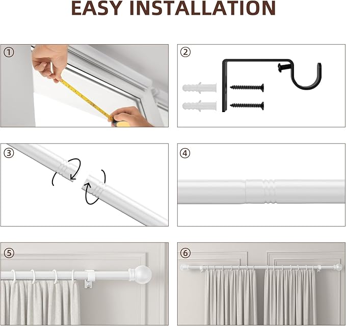 SMODBRODRE Curtain Rods for Window 32 to 78, White 5/8 inch Splicing Single Window Curtain Rod Set with Brackets