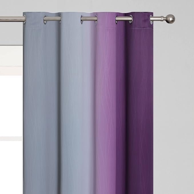 Purple and Grey Blackout Curtains 54 Inches Long,Ombre and Wavy Line Pattern 100% Blackout Curtains for Bedroom,Full Light Blocking Grommet Thermal Insulated Drapes for Kids Room, 52x54 Inch, 2 Panels