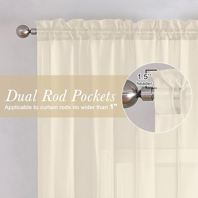 Lecloud Cream Sheer Curtains for Bedroom 90 Inches Long 2 Pcs, Rod Pockets Window Curtains for Living Room Dining Room, Modern Farmhouse Decor Light Filtering Drapes, Each Panel 59" W x 90" L