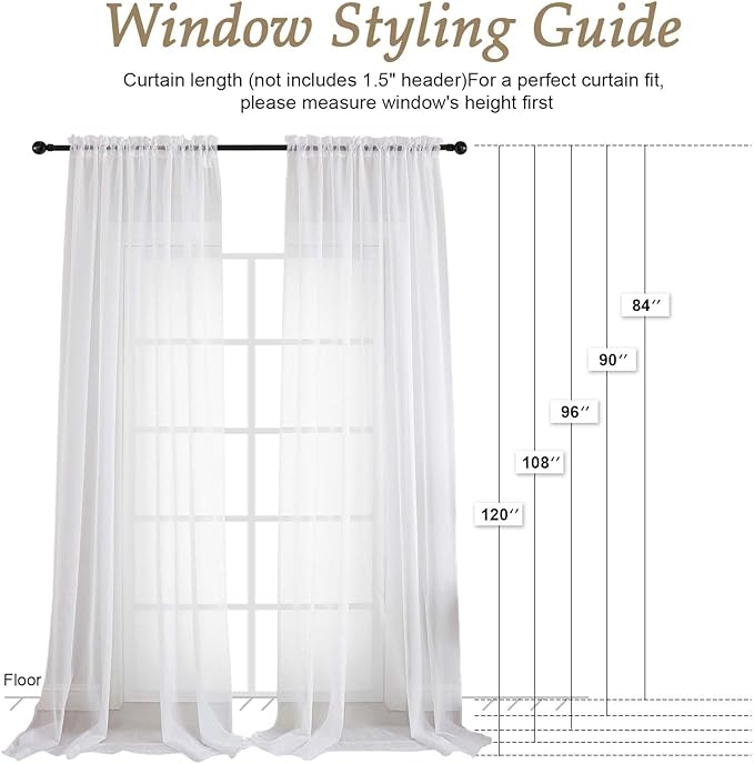 OVZME White Sheer Curtains 108 Inches Long 2 Panels Set, Extra Wide Solid Lightweight & Airy Gauzy Window Treatments with Light Filtering for Patio Sliding Door, 59Wx108L Inches