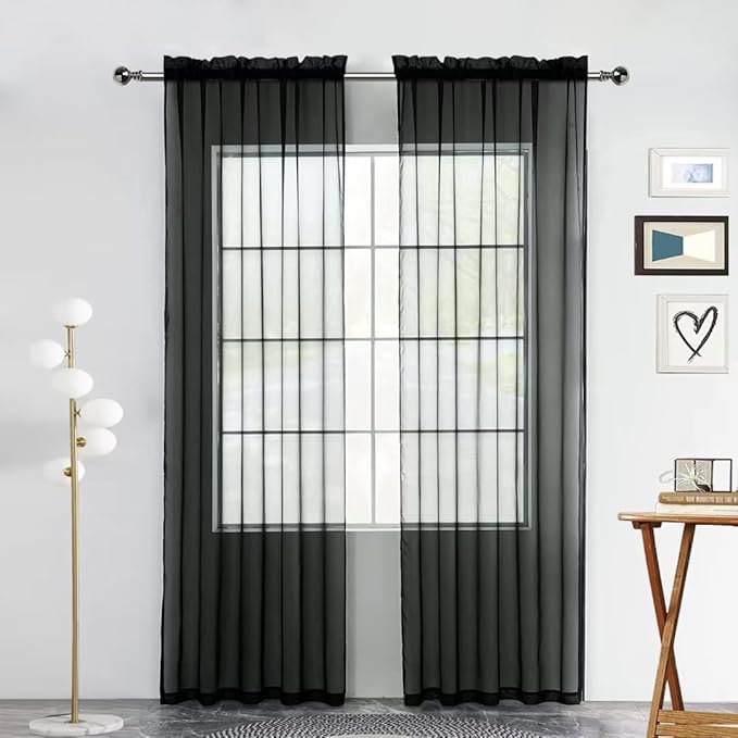 SpaceDresser Sheer Voile Window Treatment Rod Pocket Curtain Panels for Kitchen Bedroom Living Room Drapes Sunlight Filtering Privacy Semi Home Decor Assorted (Black, 52 W x 84 L)