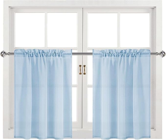 DWCN Sky Blue Sheer Curtains for Kitchen Windows - Rod Pocket Semi Transparent Voile Tier Curtains for Bedroom, Living Room, Farmhouse, 36 x 36 inches Long, Set of 2 Panels