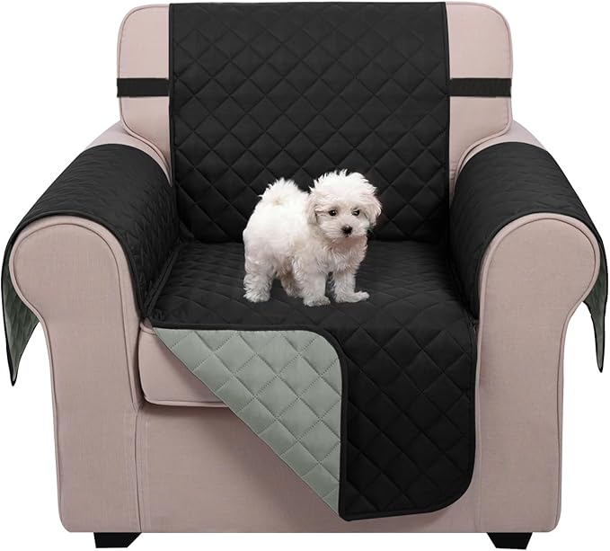 U-NICE HOME Reversible Oversized Chair Covers Quilted Water Repellent Pet Protectors with Elastic Straps(28''Armchair, Black/Grey)