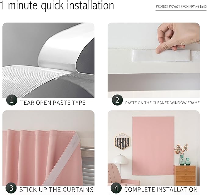 Self Adhesive Blackout Curtains- Stick on Curtains Shades Window Blinds Curtains No Rod Needed Easy to Hang Curtain, Use for Bedroom, Living Room,Roman Shades, 35" W X 71" L, Pink, 1 Panel