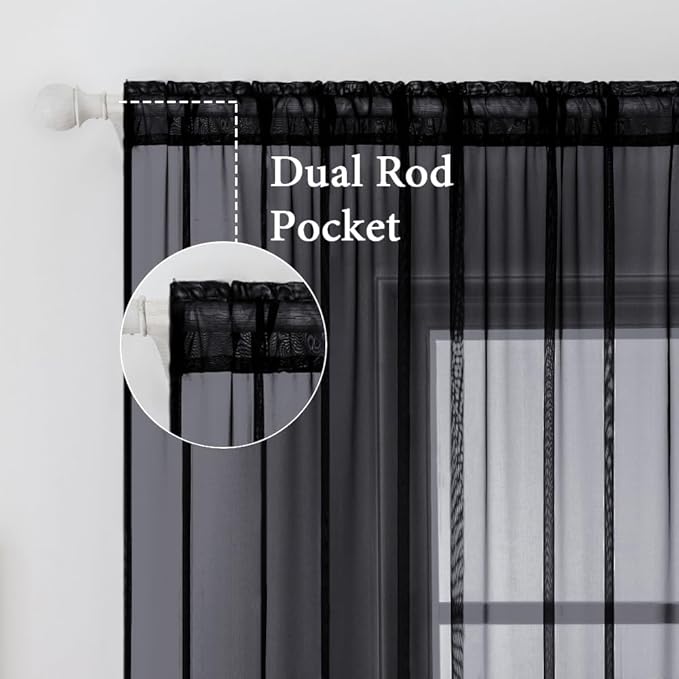 MIULEE 2 Panels Solid Color Sheer Window Curtains Elegant Halloween Window Voile Panels/Drapes/Treatment for Bedroom Living Room (54X72 Inches Black)