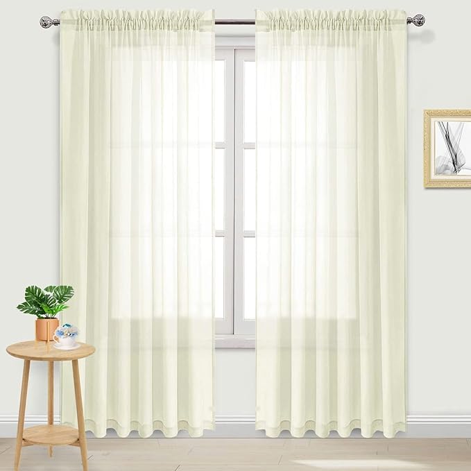 DWCN Ivory Sheer Curtains Semi Transparent Voile Rod Pocket Curtains for Bedroom and Living Room, 70 x 84 inches Long, Set of 2 Panels