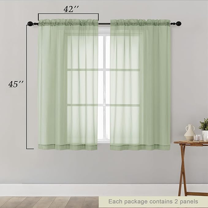 Light Green Sheer Curtains for Bedroom Living Room 45 Inch Length 2 Panels, Soft Airy Light Filtering Small Kitchen Window Curtains, Rod Pocket Short Curtain Drapes, 42" Wx45 L Inches