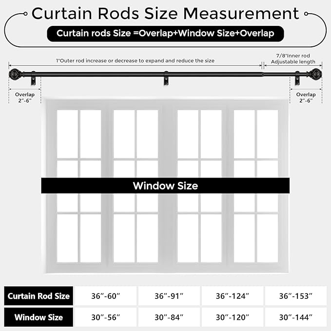 Black Curtain Rod, Heavy Duty 1 Inch Decorative Curtain Rods for Windows 30 to 56 Inch, Single-Side Adjustable Vintage Rustic Matte Black Drapery Pole Set with Boho Netted Texture Finials