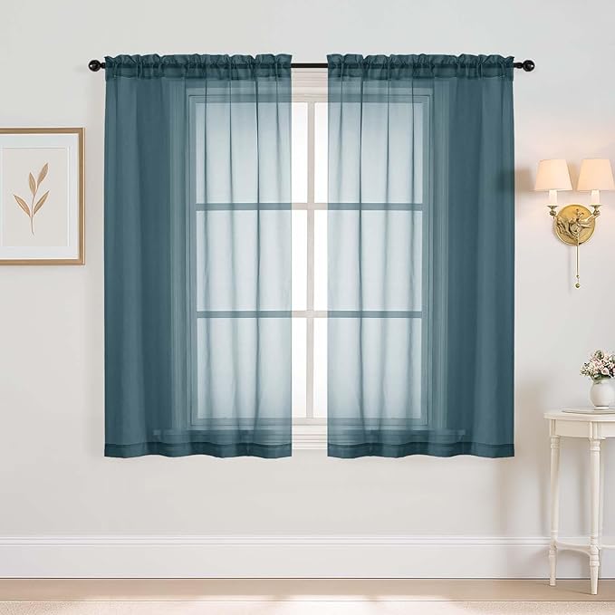 Window Sheer Curtains 45 Inches Length, Voile Short Curtains for Living Room Bedroom, Modern Soft Window Drapes 2 Panels Set, Top Dual Rod Pocket Design, Dusty Blue, 2x42Wx45L Inches