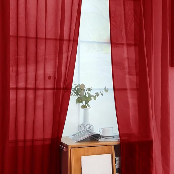 youleyar Solid Sheer Rod Pocket Curtain Voile Draperies 2 Panels White Beige Black Grey Ivory 52 Inch Width 84 Inch Long 1 Pair for Kitchen Bedroom Children Living Room Yard (Christmas Red,52Wｘ84L)