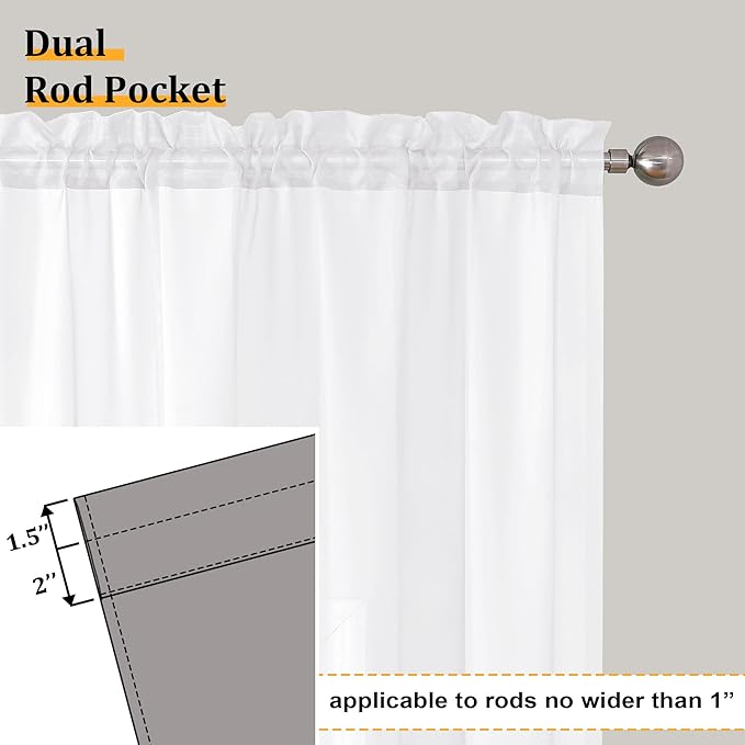 Aiyufneg White Sheer Curtains 36 inch Length Kitchen Tiers Short Voile Curtains/Drapes Solid Sheers Cafe Curtains Voile Bathroom Small Half Window Curtains 2 Panels Set, Rod Pocket, 40" Wx36 L