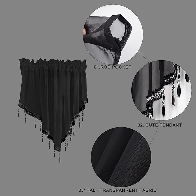 Molaxhome Swag Curtain 51 inch Length Rod Pocket Scalloped Curtain Valance Sheer Lace Panels with Hanging Crystal Beads for Kitchen Bedroom Window Treatments Drape Decor 1pc (Black, 51Wx23L)