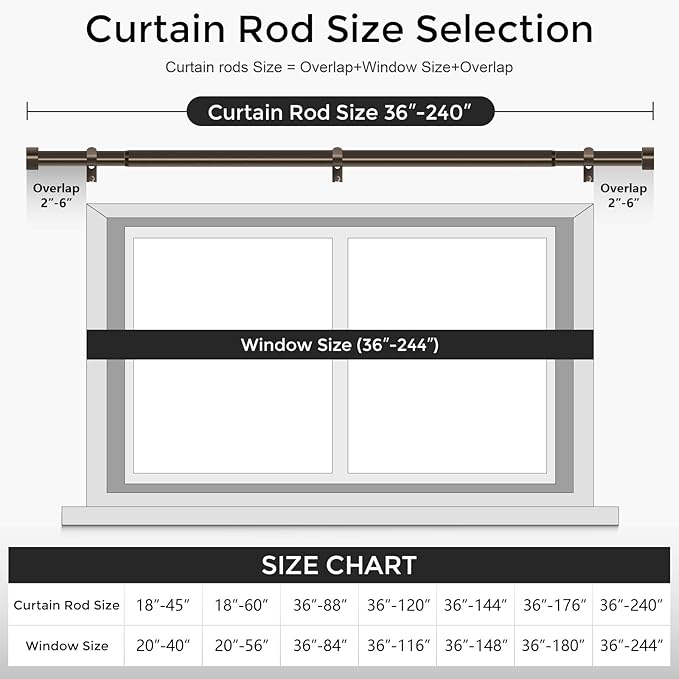 Bronze Curtain Rods for Windows 36 to 240 Inch(3-20 Feet),1" Diameter Rods with Modern Style End Cap Finials,Size:36-240 Inch