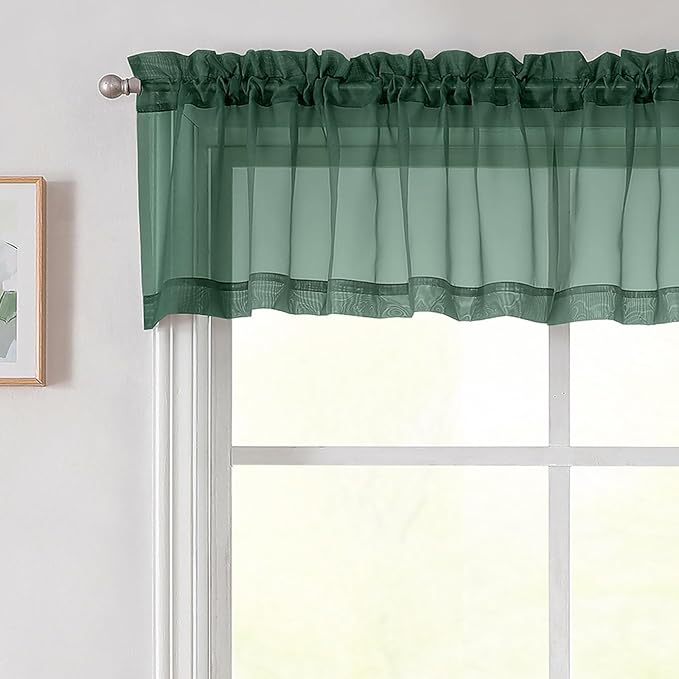 Hunter Green Valances for Windows, Sheer Curtains 14 Inch Length 2 Pack Kitchen Curtain, Modern Solid Mini Small Window Curtains for Cafe Bathroom Basement, Hunter Green, Each 42"Wx14"L Inch