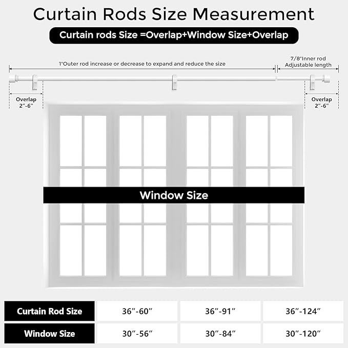 Modern White Curtain Rods 2 Pack for Windows 30 to 56 Inch, 1" Diameter Adjustable Heavy Duty Window Curtain Pole with Matte White End Cap Finials, Decorative Drapery Rods for Living Room, Bedroom