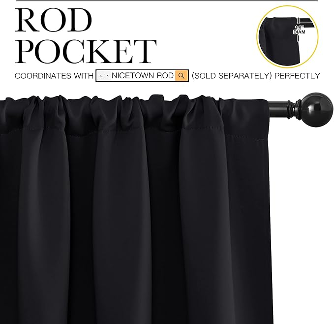 NICETOWN Black Blackout Curtain Blinds - Solid Thermal Insulated Window Treatment Blackout Drapes for Bedroom (2 Panels, 70 inches Wide by 63 inches Long)