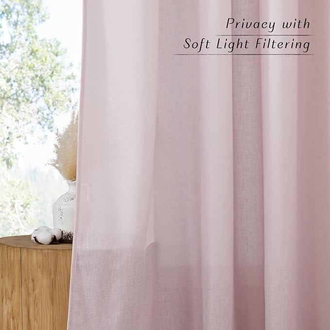 NICETOWN Blush Pink Linen Curtains for Kitchen, Thick Flax Small Window Treatments Semi Sheer Privacy Assured with Light Through for Cafe/Bathroom, W55 x L144, 2 Panels