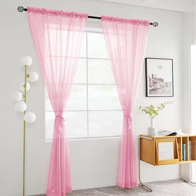 youleyar Solid Sheer Rod Pocket Curtain Voile Draperies 2 Panels White Beige Black Grey Coffee 52 Inch Width 90 Inch Long 1 Pair for Kitchen Bedroom Children Living Room Yard(Light Pink,52Wｘ90L)
