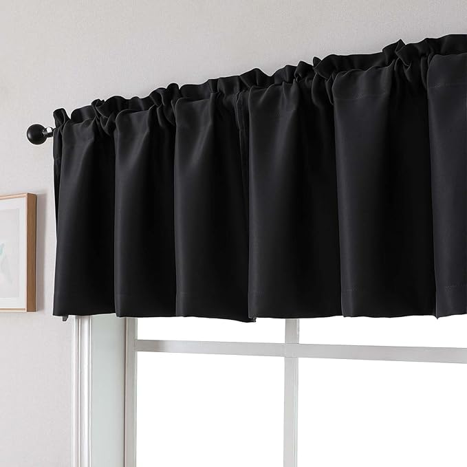 Chyhomenyc Black Blackout Valances for Windows, Short Window Valance Curtains for Living Room Bedroom Bathroom, Room Darkening Solid Privacy Small Kitchen Valances, 60Wx16L, 2 Pack