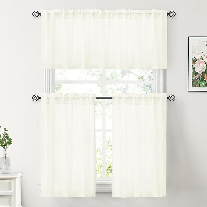 HOMEIDEAS Non-See-Through Ivory Privacy Sheer Kitchen Curtains, 30 X 24 Inches Long 2 Panels Short Sheer Curtains Light Filtering Bathroom Window Drapes for Bedroom Living Room